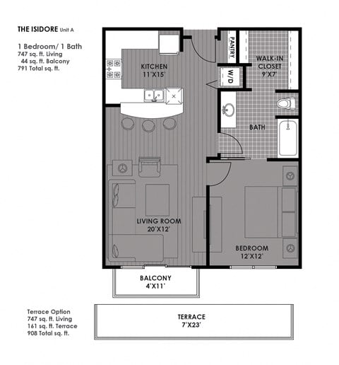 Floor plan for 1 bed, 1 bath, 747 sqft